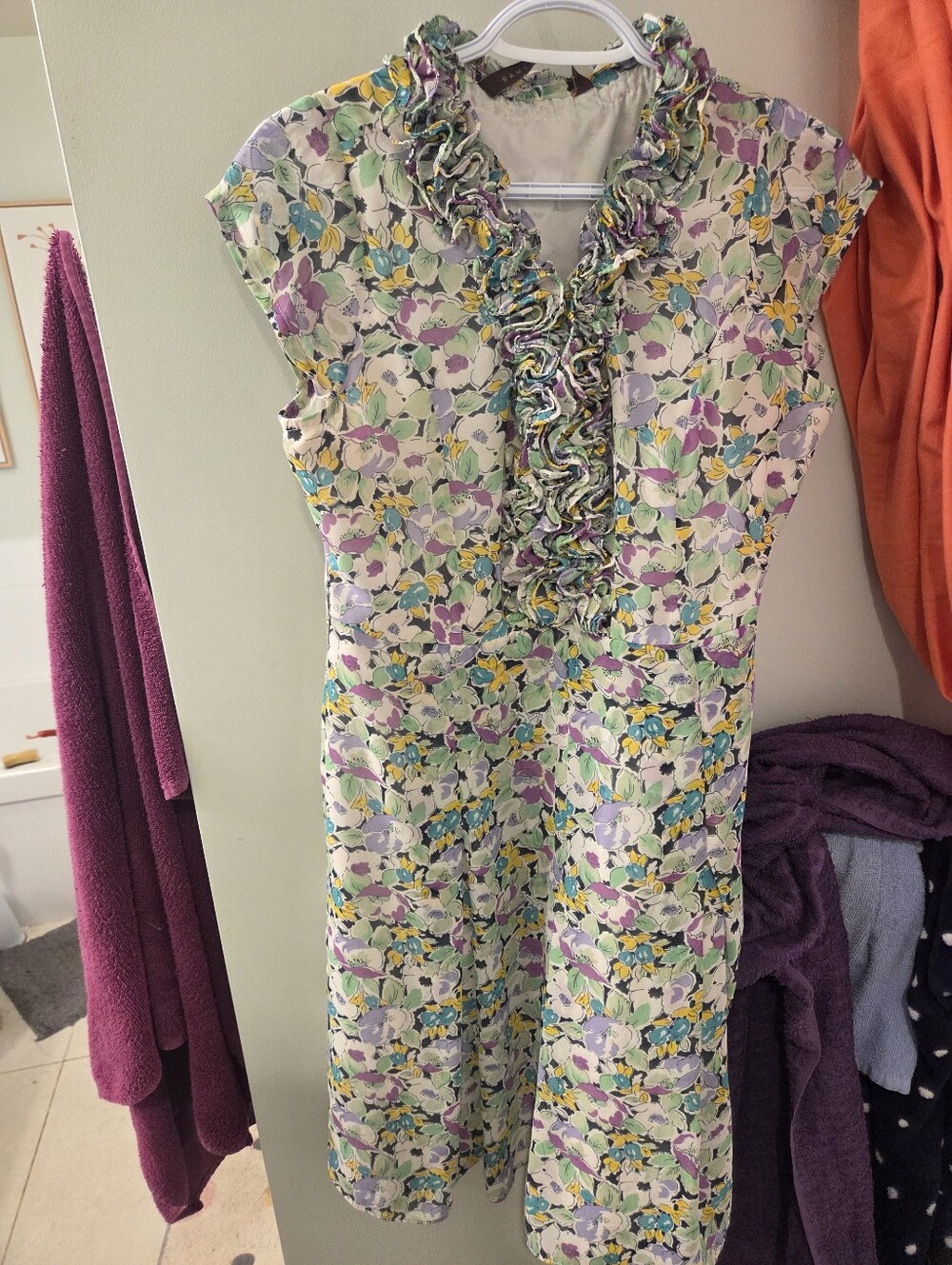 Floral Ruffle Front A-Line Dress in Lavender, Yellow & Green